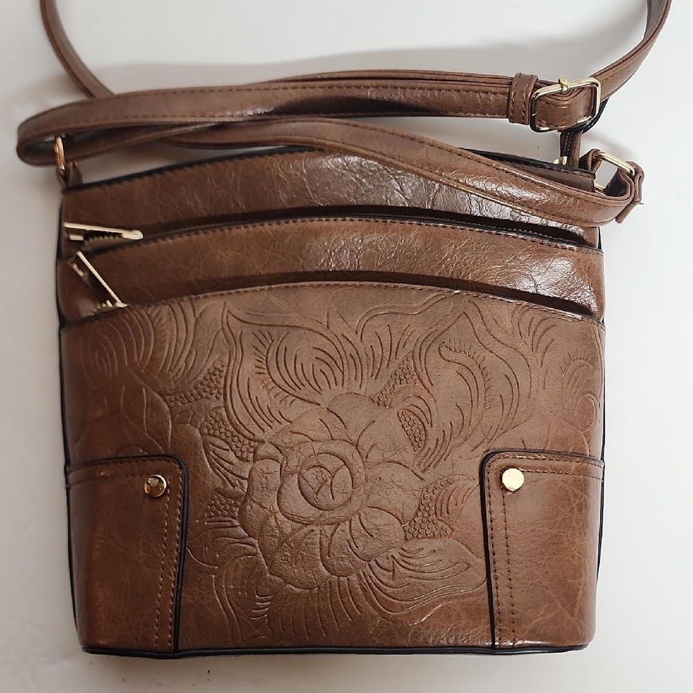 Elegant Brown Embossed Faux Leather Unisex Crossbody SaddleBag - Picture 1 of 9